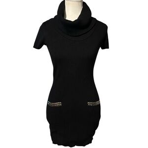 INC Black Ribbed Short Sleeve Cowl Neck Embellished Sweater Dress S